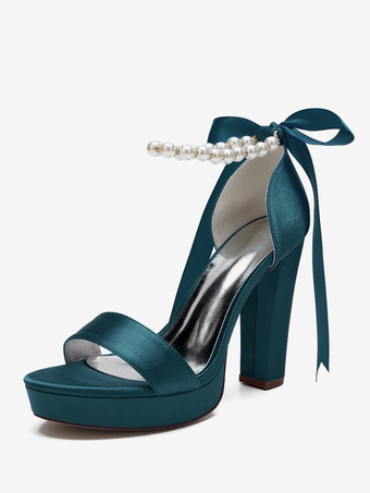 ダークネイビーハイヒール ウェディングシューズ プラットフォーム パール レースアップ ボウ アンクルストラップ パーティーシューズ