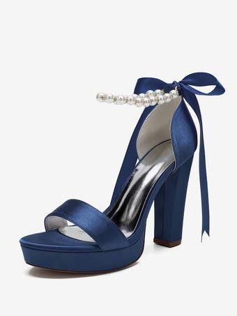 ディープブルーハイヒール ウェディングシューズ プラットフォーム パール レースアップ ボウ アンクルストラップ パーティーシューズ