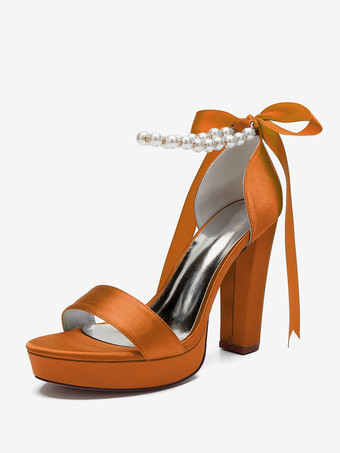 オレンジ ハイヒール ウェディングシューズ プラットフォーム パール レースアップ ボウ アンクルストラップ パーティーシューズ