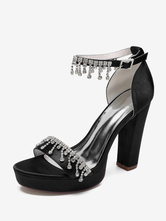 SchwarzHigh Heel Hochzeitsschuhe Satin Plateau Strass Knöchelriemen Braut Party Schuhe
