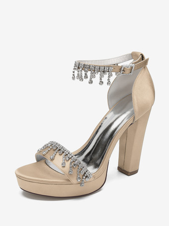 ChampagnerHigh Heel Hochzeitsschuhe Satin Plateau Strass Knöchelriemen Braut Party Schuhe