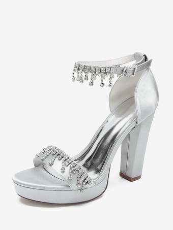 Silbrig High Heel Hochzeitsschuhe Satin Plateau Strass Knöchelriemen Braut Party Schuhe