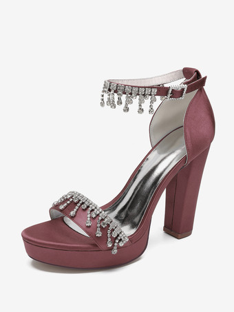 BurgunderrotHigh Heel Hochzeitsschuhe Satin Plateau Strass Knöchelriemen Braut Party Schuhe