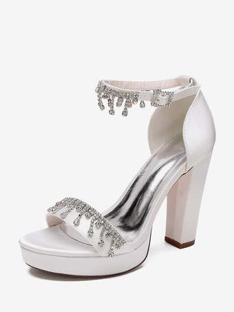 elfenbeinweißHigh Heel Hochzeitsschuhe Satin Plateau Strass Knöchelriemen Braut Party Schuhe
