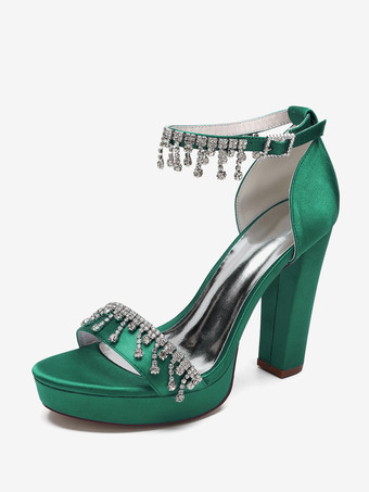 Grün High Heel Hochzeitsschuhe Satin Plateau Strass Knöchelriemen Braut Party Schuhe
