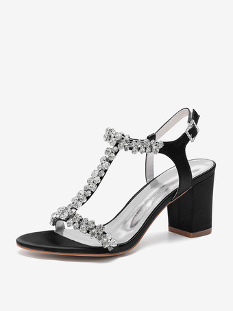 ブラック サテンウェディングシューズ チャンキーヒール ラインストーン Tストラップ ブライダルパーティーシューズ