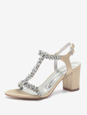 シャンパンカラーサテンウェディングシューズ チャンキーヒール ラインストーン Tストラップ ブライダルパーティーシューズ