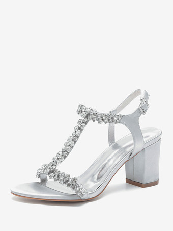 シルバー サテンウェディングシューズ チャンキーヒール ラインストーン Tストラップ ブライダルパーティーシューズ