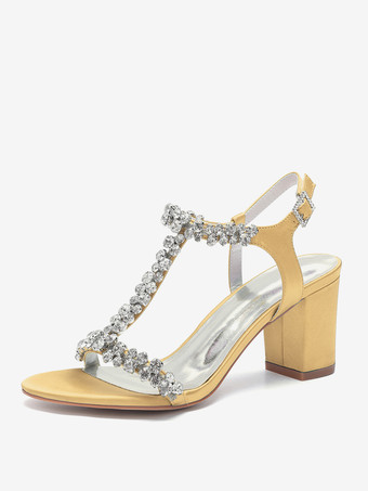 ゴールド サテンウェディングシューズ チャンキーヒール ラインストーン Tストラップ ブライダルパーティーシューズ