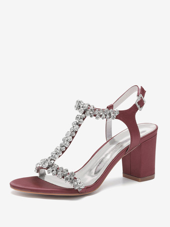 ワインレッド サテンウェディングシューズ チャンキーヒール ラインストーン Tストラップ ブライダルパーティーシューズ