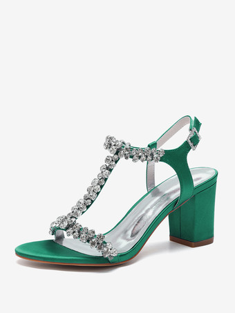 グリーン サテンウェディングシューズ チャンキーヒール ラインストーン Tストラップ ブライダルパーティーシューズ