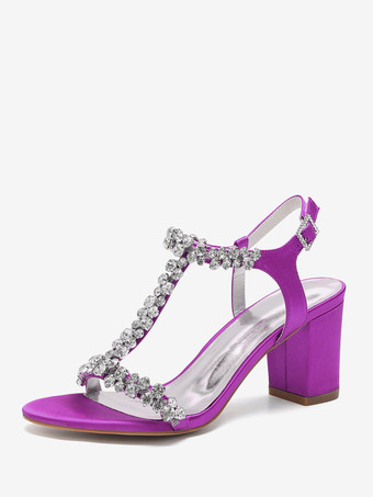 パープル サテンウェディングシューズ チャンキーヒール ラインストーン Tストラップ ブライダルパーティーシューズ