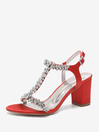 レッドサテンウェディングシューズ チャンキーヒール ラインストーン Tストラップ ブライダルパーティーシューズ