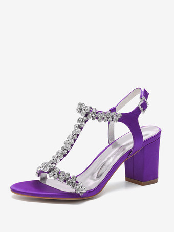 モーブ サテンウェディングシューズ チャンキーヒール ラインストーン Tストラップ ブライダルパーティーシューズ