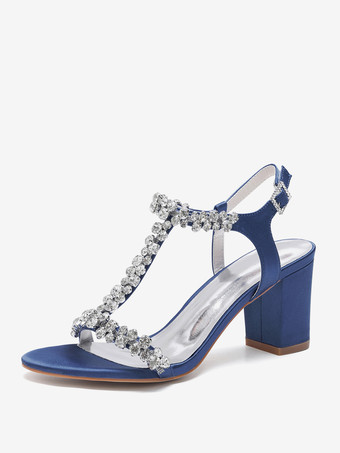 ディープブルーサテンウェディングシューズ チャンキーヒール ラインストーン Tストラップ ブライダルパーティーシューズ