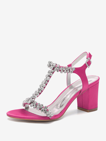 ローズレッドサテンウェディングシューズ チャンキーヒール ラインストーン Tストラップ ブライダルパーティーシューズ