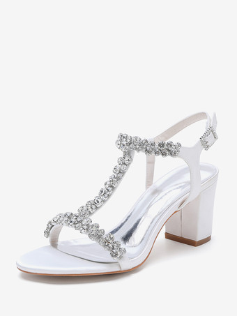 ホワイト サテンウェディングシューズ チャンキーヒール ラインストーン Tストラップ ブライダルパーティーシューズ
