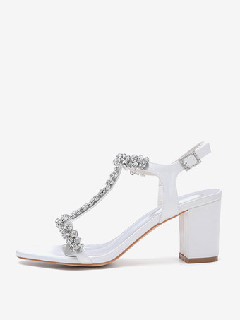 サテンウェディングシューズ チャンキーヒール ラインストーン Tストラップ ブライダルパーティーシューズ