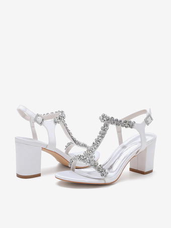 サテンウェディングシューズ チャンキーヒール ラインストーン Tストラップ ブライダルパーティーシューズ