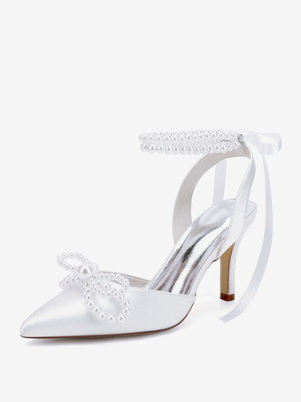 ホワイト アイボリーウェディングシューズ サテンポインテッドトゥパールボウハイヒールブライダルパーティーシューズ