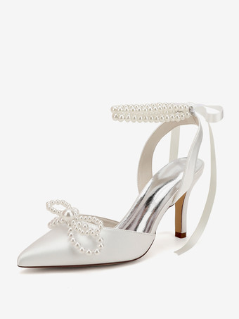 アイボリーアイボリーウェディングシューズ サテンポインテッドトゥパールボウハイヒールブライダルパーティーシューズ