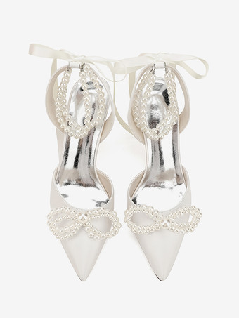 アイボリーウェディングシューズ サテンポインテッドトゥパールボウハイヒールブライダルパーティーシューズ