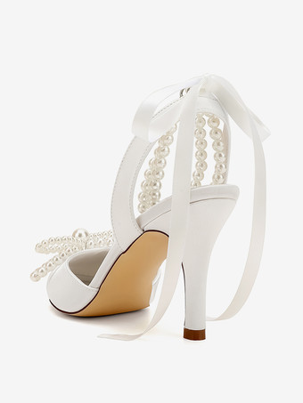 アイボリーウェディングシューズ サテンポインテッドトゥパールボウハイヒールブライダルパーティーシューズ
