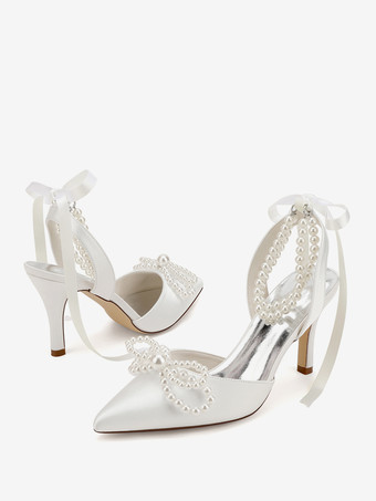 アイボリーウェディングシューズ サテンポインテッドトゥパールボウハイヒールブライダルパーティーシューズ