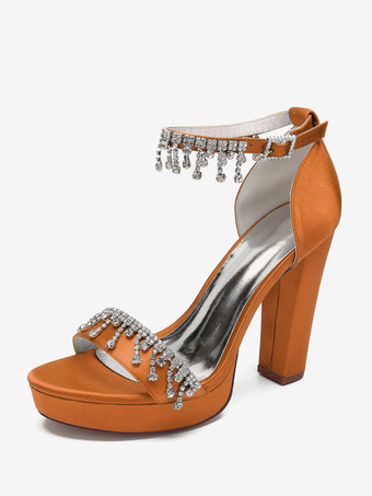 OrangeHigh Heel Hochzeitsschuhe Satin Plateau Strass Knöchelriemen Braut Party Schuhe