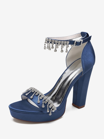 Dunkelblau High Heel Hochzeitsschuhe Satin Plateau Strass Knöchelriemen Braut Party Schuhe