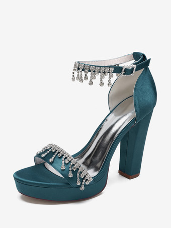 DunkelmarineblauHigh Heel Hochzeitsschuhe Satin Plateau Strass Knöchelriemen Braut Party Schuhe
