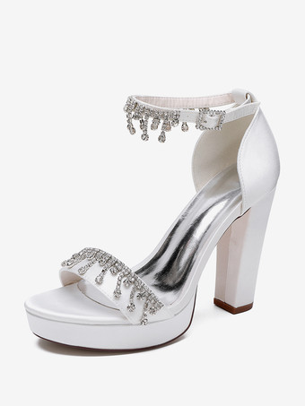 WeißHigh Heel Hochzeitsschuhe Satin Plateau Strass Knöchelriemen Braut Party Schuhe