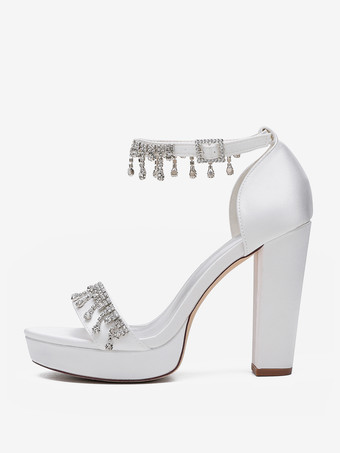 High Heel Hochzeitsschuhe Satin Plateau Strass Knöchelriemen Braut Party Schuhe