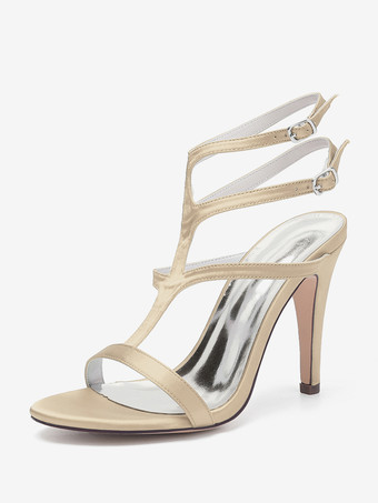 シャンパンカラーサテンのウェディングシューズ オープントゥ ストラップ付きハイヒール ブライズメイドシューズ