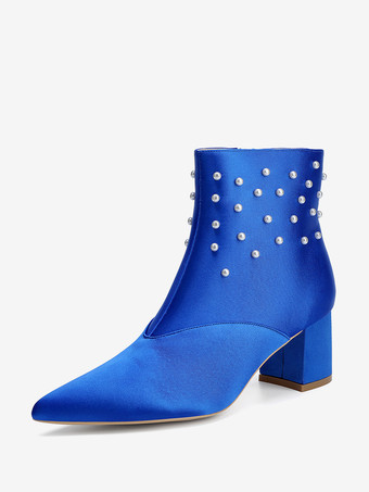 ロイヤルブルーサテンのウェディングブーティ ポインテッドトゥ パール チャンキーヒール ブライダルシューズ
