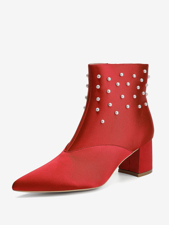 レッドサテンのウェディングブーティ ポインテッドトゥ パール チャンキーヒール ブライダルシューズ