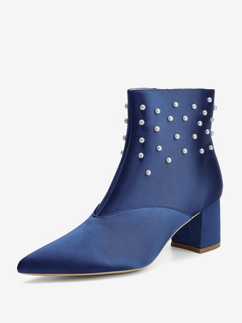ディープブルーサテンのウェディングブーティ ポインテッドトゥ パール チャンキーヒール ブライダルシューズ
