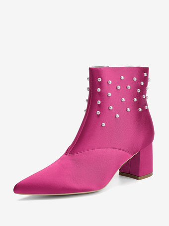 ローズレッドサテンのウェディングブーティ ポインテッドトゥ パール チャンキーヒール ブライダルシューズ