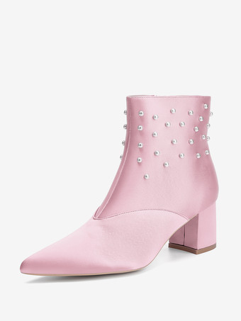 ピンクサテンのウェディングブーティ ポインテッドトゥ パール チャンキーヒール ブライダルシューズ