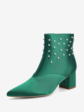 グリーン サテンのウェディングブーティ ポインテッドトゥ パール チャンキーヒール ブライダルシューズ