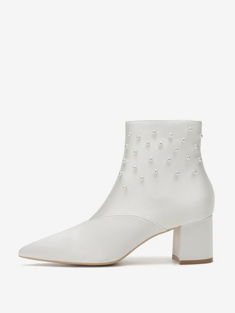 サテンのウェディングブーティ ポインテッドトゥ パール チャンキーヒール ブライダルシューズ