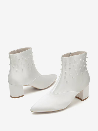 サテンのウェディングブーティ ポインテッドトゥ パール チャンキーヒール ブライダルシューズ