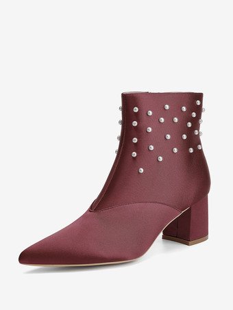 ワインレッド サテンのウェディングブーティ ポインテッドトゥ パール チャンキーヒール ブライダルシューズ