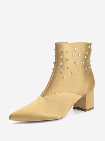 ゴールド サテンのウェディングブーティ ポインテッドトゥ パール チャンキーヒール ブライダルシューズ