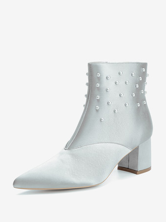 シルバー サテンのウェディングブーティ ポインテッドトゥ パール チャンキーヒール ブライダルシューズ