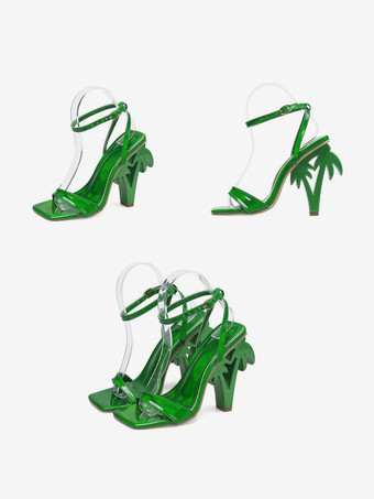 ハイヒールサンダル グリーンデザインヒール アンクルストラップ パーティーシューズ