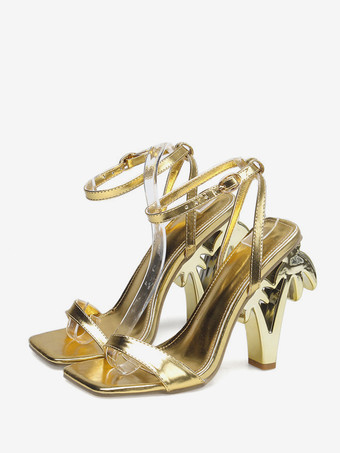 ゴールド ハイヒールサンダル グリーンデザインヒール アンクルストラップ パーティーシューズ