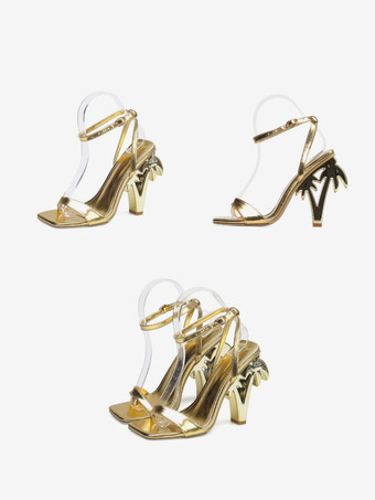 ハイヒールサンダル グリーンデザインヒール アンクルストラップ パーティーシューズ