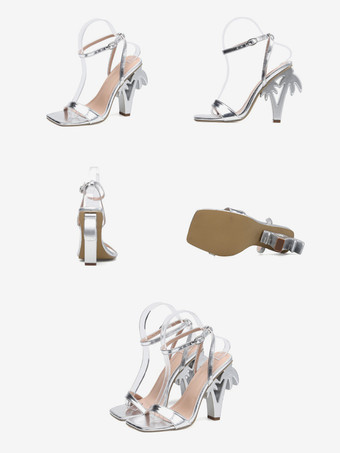 ハイヒールサンダル グリーンデザインヒール アンクルストラップ パーティーシューズ