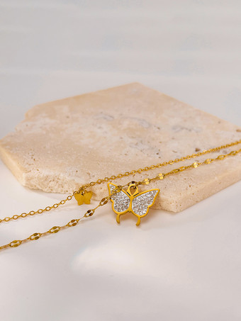 女性用 2025 ダブルレイヤー ゴールド バタフライ ネックレス